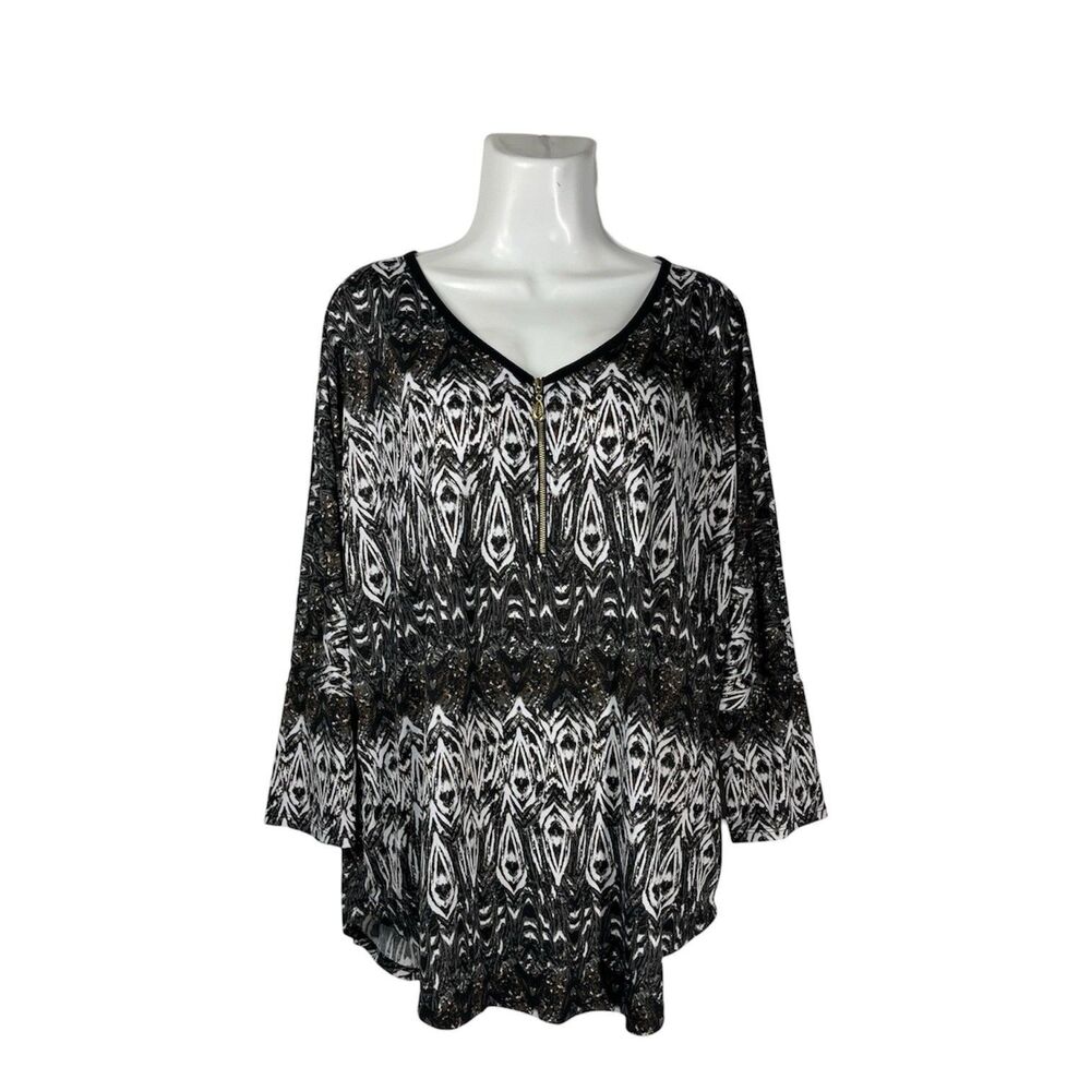 Cato Top XL Women Black Gold Abstract Blouse 3/4 Sleeve Stretch Shimmer Career
